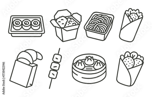 Illustrated asian food icons: dim sum, sushi, noodles, dumplings, skewers
