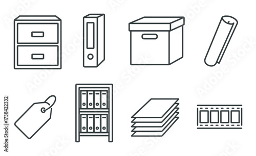 Monochrome office storage icons: file cabinets, folders, boxes, and rack illustrations