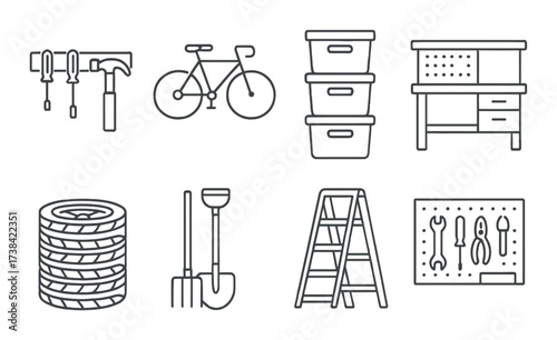 Outline icons of garage tools including bike, ladder, and storage boxes