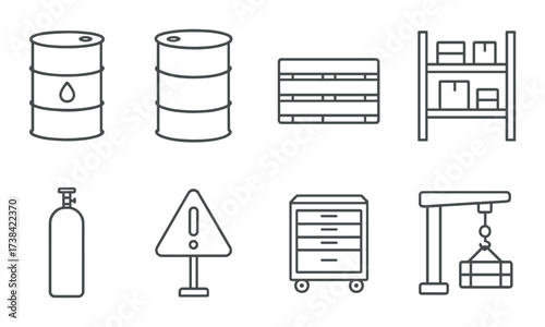 Industrial storage icons featuring barrels, pallet, shelf, gas cylinder, and warning sign