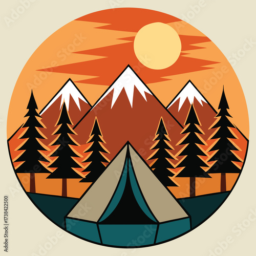 Circular illustration of a mountain landscape with a tent and pine trees under a sunset sky