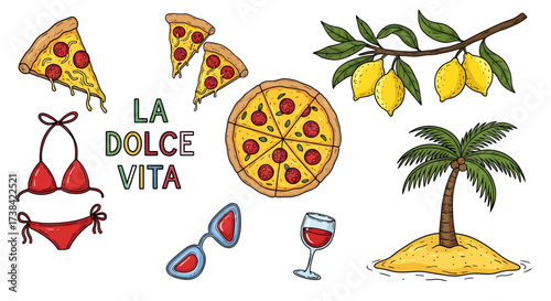 Illustration of Italian summer vacation with pizza, lemons, bikini, and palm tree.