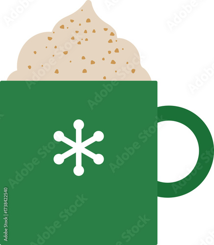 Christmas green mug with snowflake pattern and whipped cream.
Winter drink and sweet flat stock vector illustration.
Transparent background.