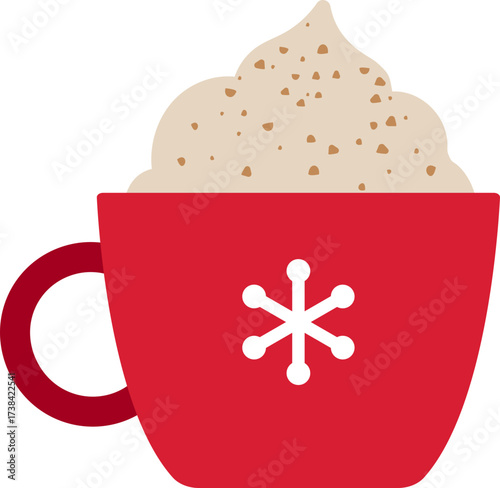 Christmas red mug with snowflake pattern and whipped cream. 
Winter drink and sweet flat stock vector illustration.
Transparent background.