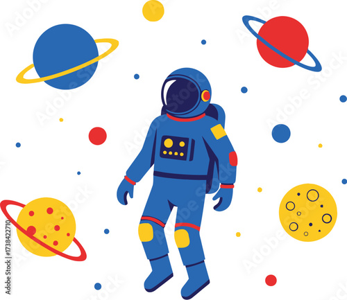 Vector art of astronaut floating in space surrounded by planets