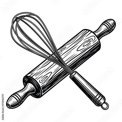 Vector art of vintage rolling pin and whisk crossed
