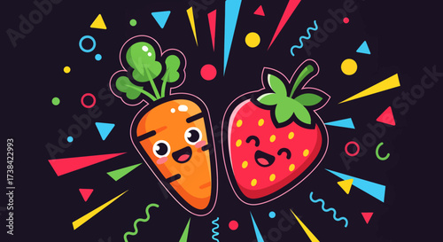 A cheerful illustration of a cute cartoon carrot and strawberry with happy faces surrounded by colorful abstract shapes.