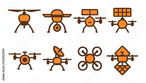 Set of eight iconic drone designs on orange background