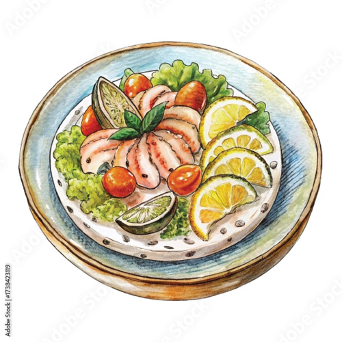 A watercolor painting of a plate with sliced fish, isolated on white background, garnished with lettuce, tomatoes, lemon, and lime, creating a vibrant and appetizing seafood dish illustration
