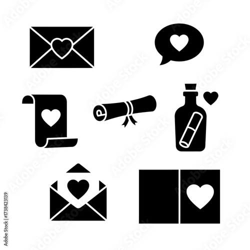 Symbols of Affection: A set of six elegant monochrome icons embodies messages of love, each design carefully crafted to evoke emotion. Including envelope, love note, love letter, message in bottle.