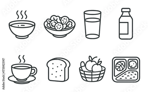 Wallpaper Mural Minimalist food icons: soup, salad, drink, bottle, tea, bread, fruit, bento Torontodigital.ca