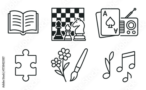 Artistic icons: book, chess, cards, puzzle, flowers, music
