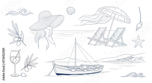A collection of hand-drawn illustrations depicting a serene beach scene with a woman in a wide-brimmed hat, deck chairs under an umbrella, a sailboat, and coastal elements.