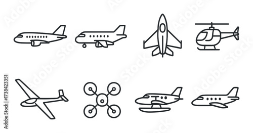 Outline icons of various aircraft: helicopter, plane, drone, jet, glider, seaplane