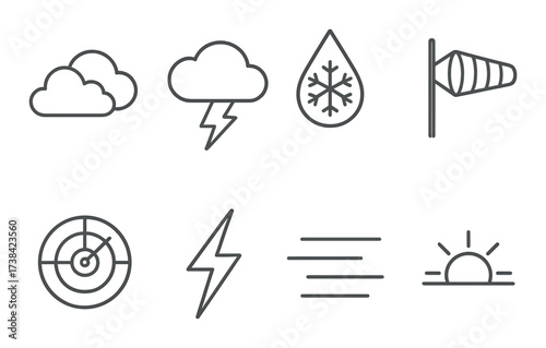 Weather icon set with clouds, storm, snow, wind, radar, lightning, fog, and sun