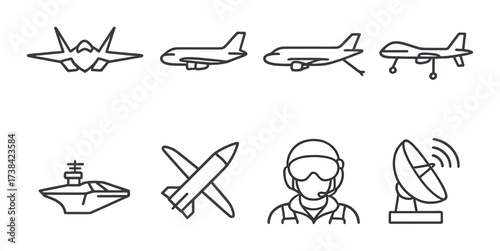 Military technology icons: aircraft, drone, aircraft carrier, pilot, satellite
