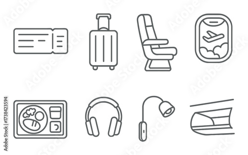 Air travel essentials: ticket, luggage, seat, window view, meal, headphones, reading light, entertainment