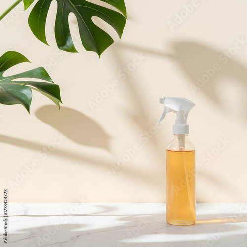 Clear spray bottle with yellow liquid and green plant leaves nearby  