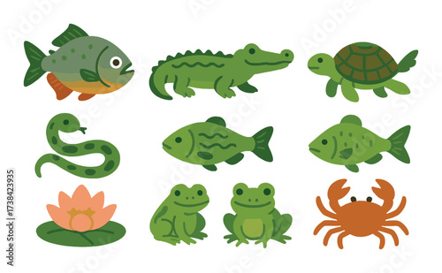 Colorful aquatic animals and reptiles on green background