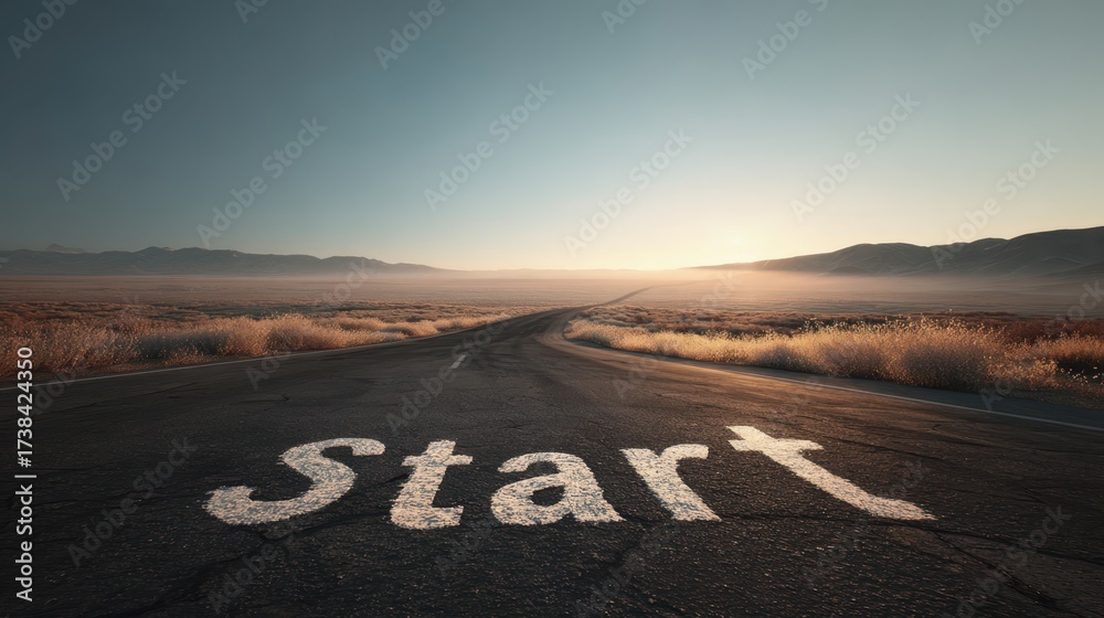 Naklejka premium Road Leading to New Adventures at Sunrise in a Vast Landscape