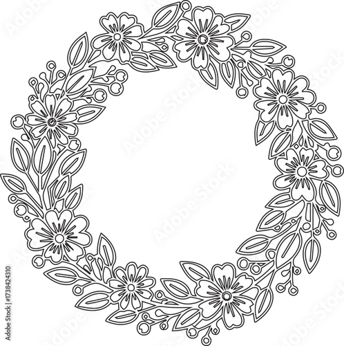 Elegant floral wreath design with delicate flowers and leaves, perfect for invitations, crafts, and decorative projects