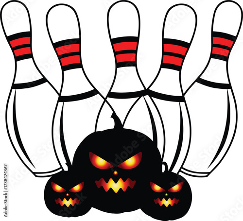 Spooky halloween bowling pins and jack o lanterns with glowing eyes and carved faces