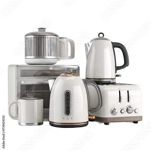 group of kitchen electric appliances isolated on white background