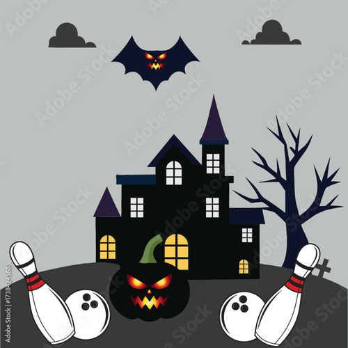 Spooky halloween haunted house with bowling pins and jack o lantern on a hill