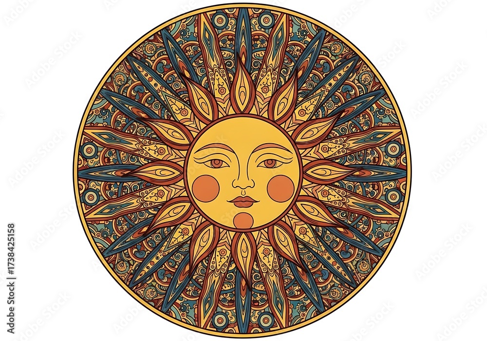 Fototapeta premium Stylized radiant sun illustration with intricate detailing and ornate pattern
