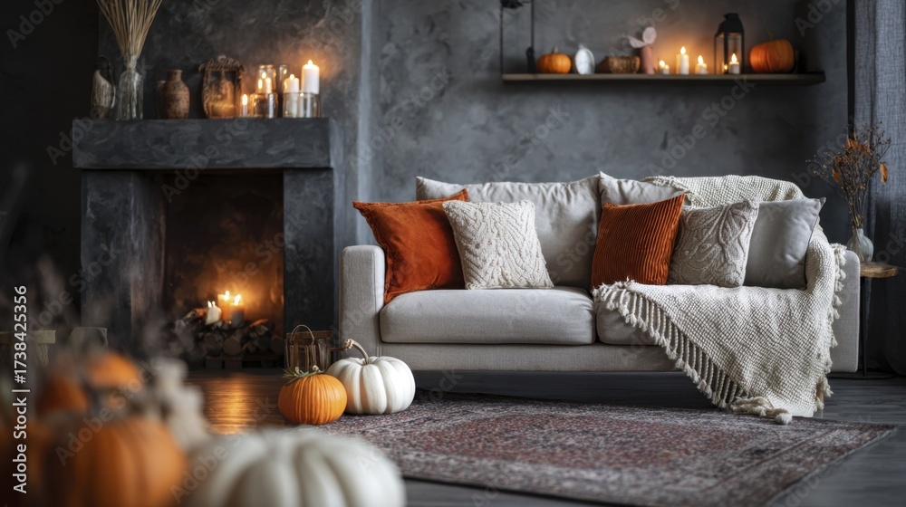 Fototapeta premium Living Room Decorated with Pumpkins and Candles for Halloween Celebration
