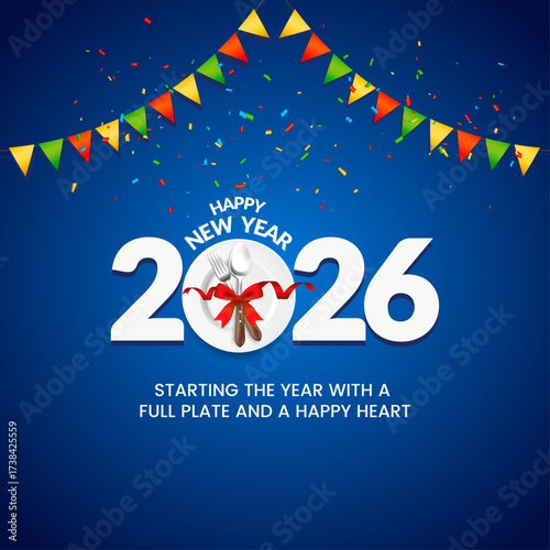 Happy New Year 2026 celebration food and restaurant creative design concept theme idea for advertising social media, Vector illustration plate spoon 2026 typography logo isolated background festive