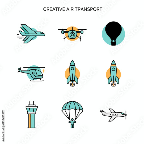 Dynamic food delivery icons show modern transport options like scooters drones and couriers alongside map pins timers and mobile ordering for fast convenient service