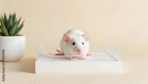 White laboratory mouse sitting on a clear tray with potted plant  