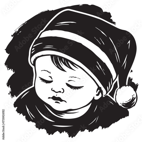 A sleeping baby wearing a nightcap isolated on white background, creating a peaceful and serene image, perfect for illustrating bedtime stories, baby products, or themes of innocence and tranquility