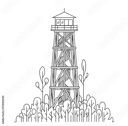 Fire lookout tower line art black and white