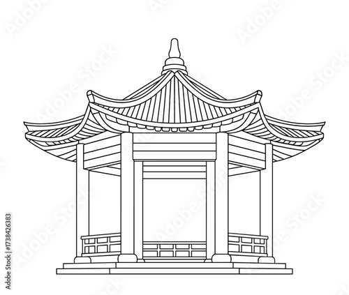 traditional Chinese pavilion line art black white
