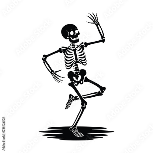 Dancing Skeleton Silhouette in Black and White with Festive Halloween Spirit and a Playful Mood of Celebration and Merriment