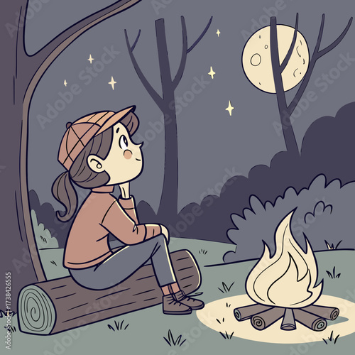 A young girl wearing a hat sits on a log by a campfire at night looking up at the moon and stars