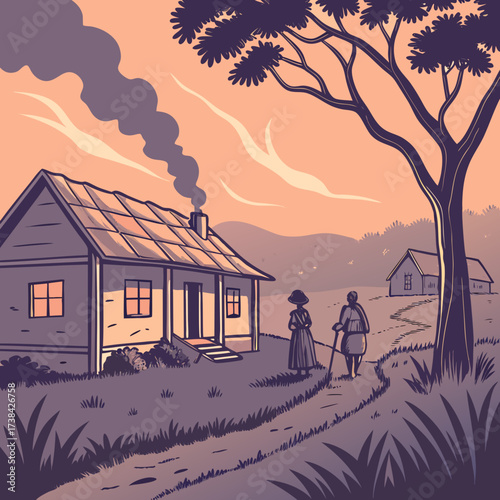 Two figures walk along a path towards a distant house as smoke rises from a nearby cottage chimney at sunset