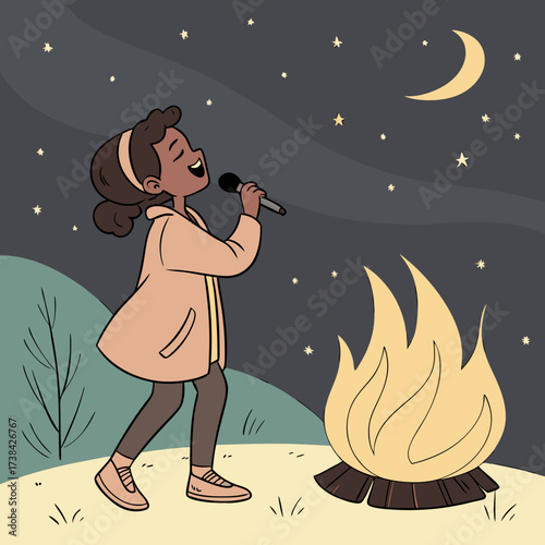 Young girl singing joyfully into a microphone next to a crackling campfire under a starry night sky with a crescent moon