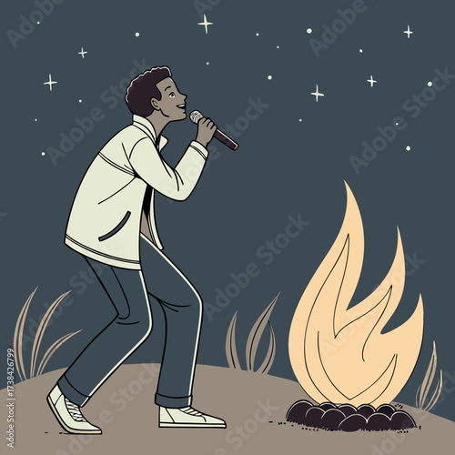 Young man singing passionately into a microphone next to a campfire under a starry night sky