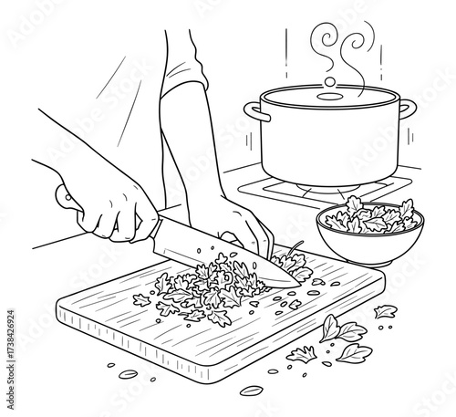 Chef hands chopping parsley on cutting board against kitchen stove background
