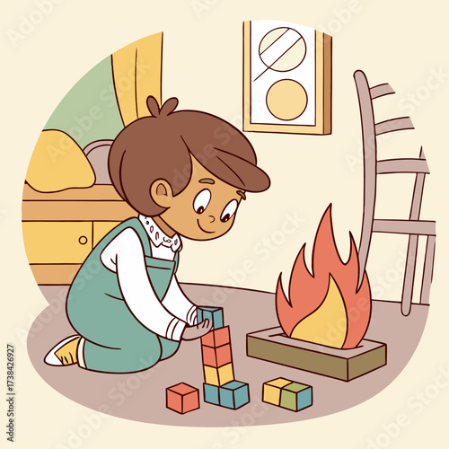 A happy young boy wearing overalls plays with colorful building blocks near a warm fireplace in a cozy room