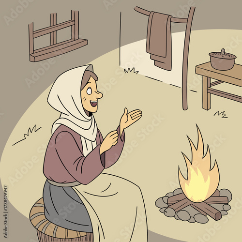A happy woman wearing a headscarf and traditional clothing sits by a campfire telling a story
