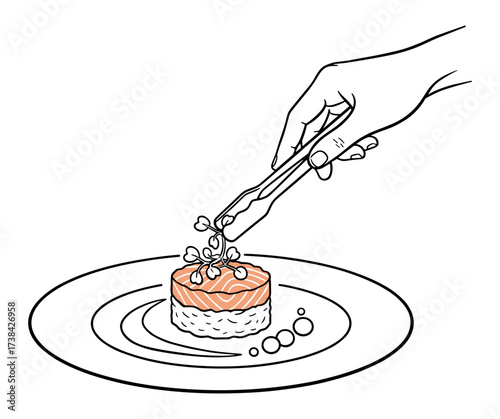 Sushi being garnished with tweezers in minimalist line art style, orange and white