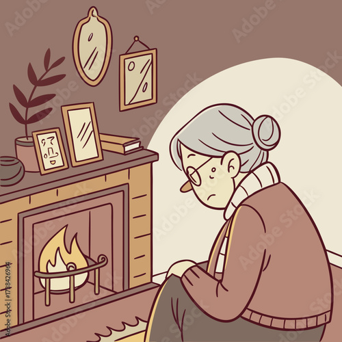A sad elderly woman sitting alone by a warm fireplace reflecting on memories and loneliness