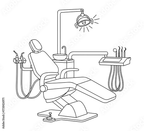 Dental chair setup in minimalist line art style, black and white