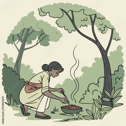 A woman in traditional clothing crouches outdoors in a forest preparing food in a bowl over a small fire