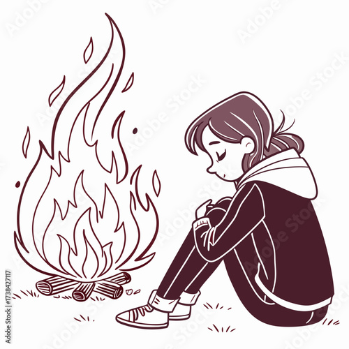 A young person wearing a hoodie and sneakers sits peacefully by a warm campfire on a grassy area