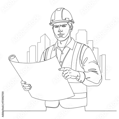 Construction worker against city skyline